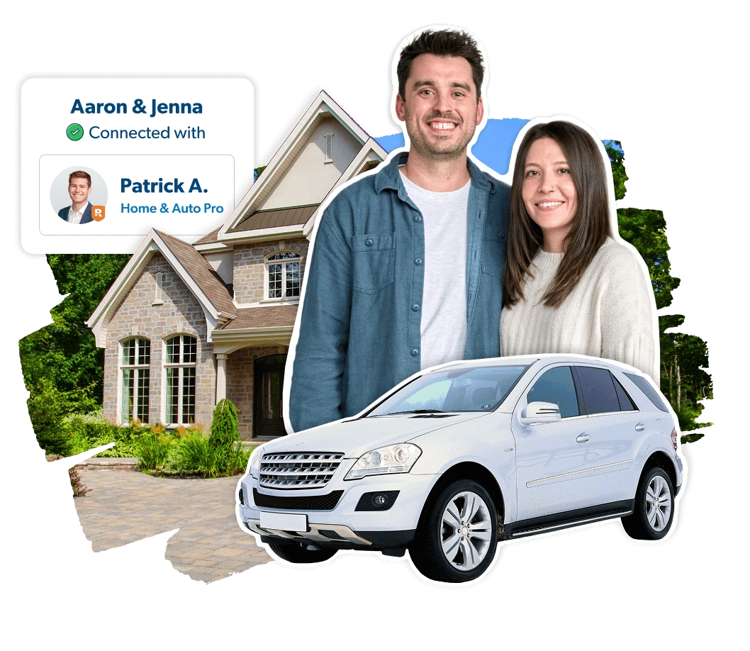 Couple standing in front of house and SUV, shown matched with a RamseyTrusted home & auto pro.