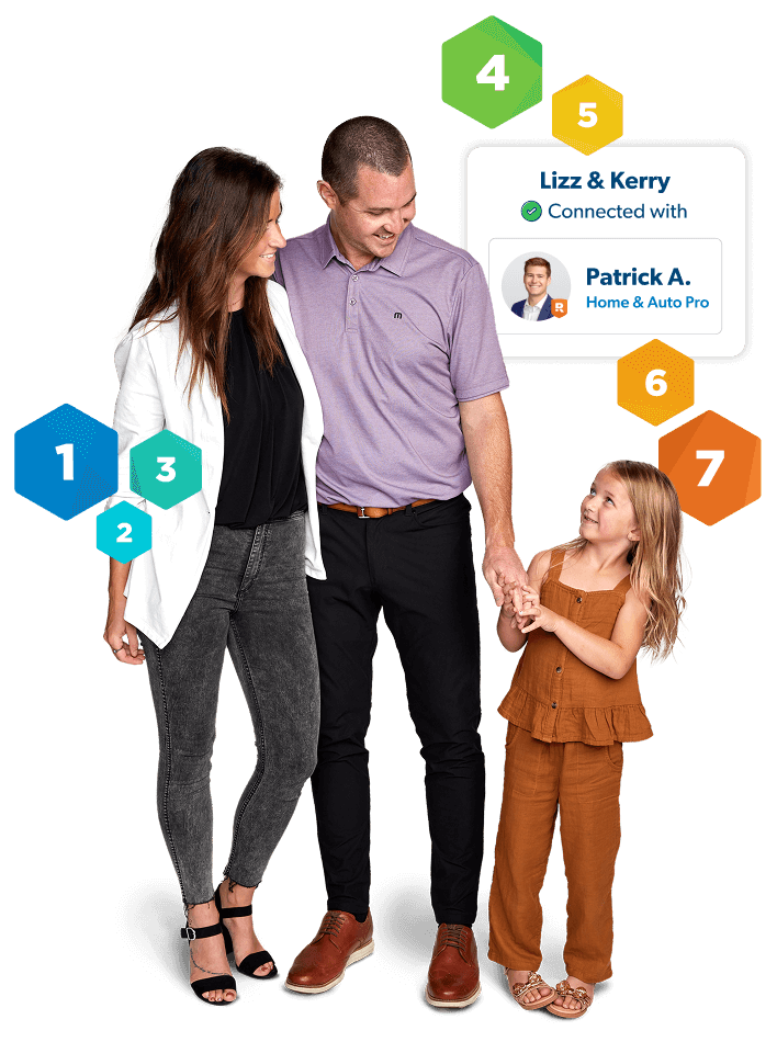A young family standing and smiling, with the Baby Step icons around them with a callout that they connected with a pro.