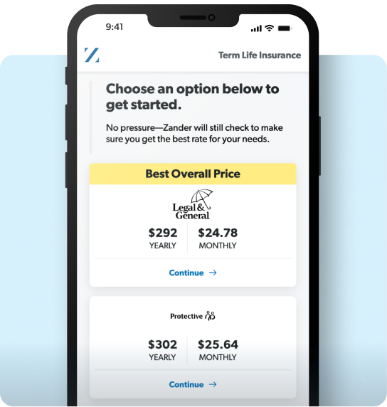 Phone screen showing the quote process through Zander Insurance.