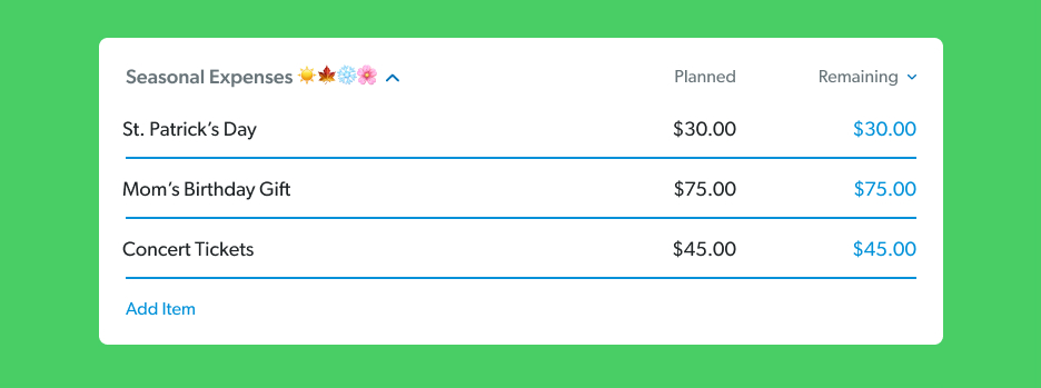 seasonal expenses budget line in EveryDollar