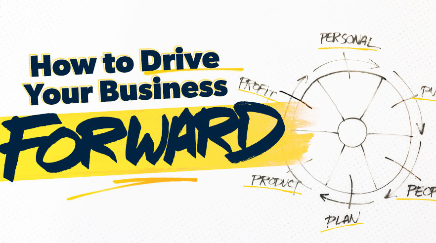 How to drive your business forward text on flywheel graphic