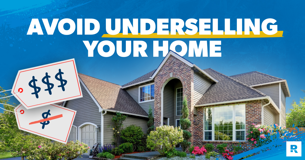 Price tags showing a high dollar amount and a crossed-out low dollar amount in front of a large two-story brick and siding home, illustrating how to avoid underselling your home.