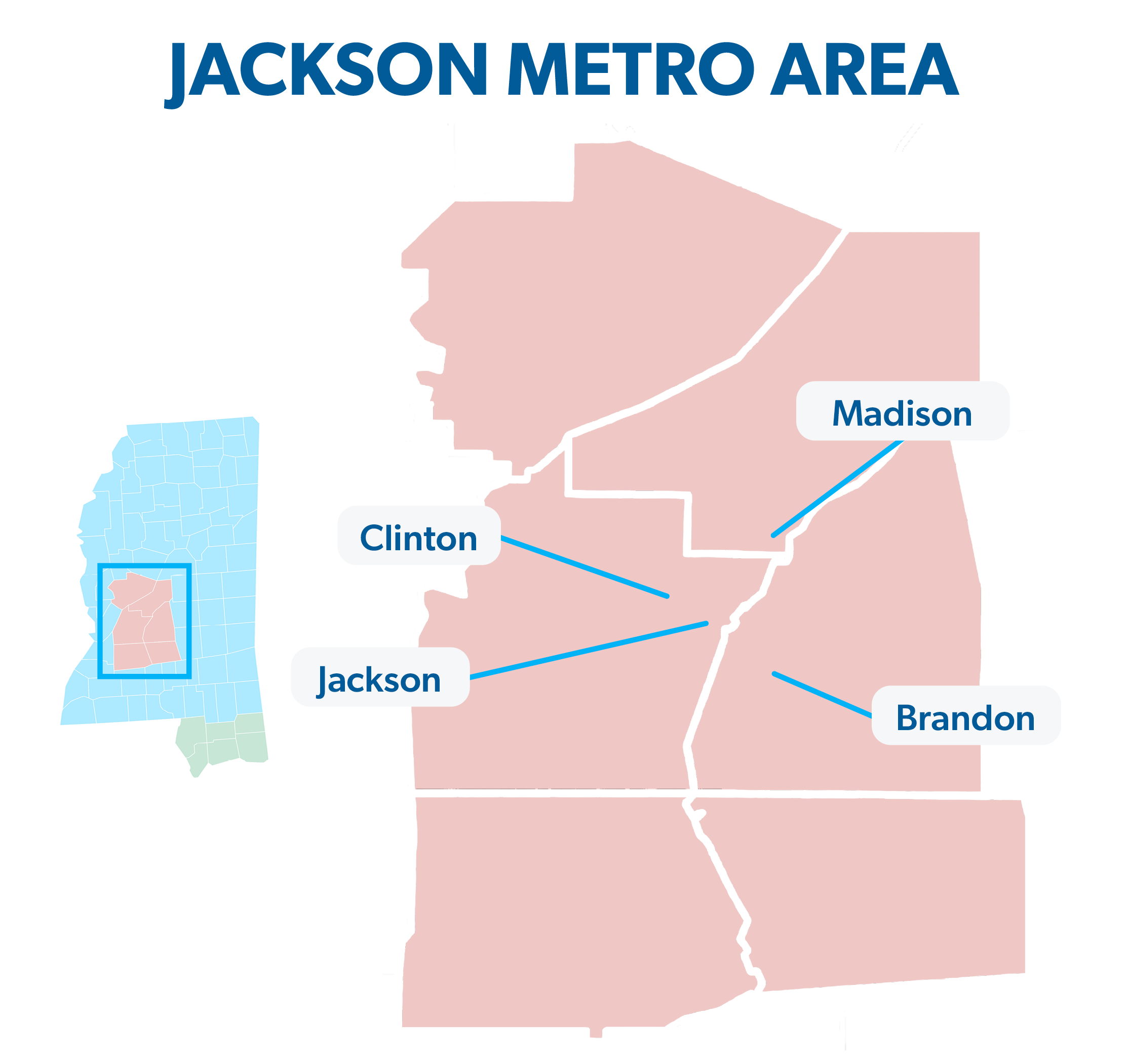 Graphic of the Jackson Metro Area—highlighting the cities of Jackson, Clinton, Madison and Brandon.
