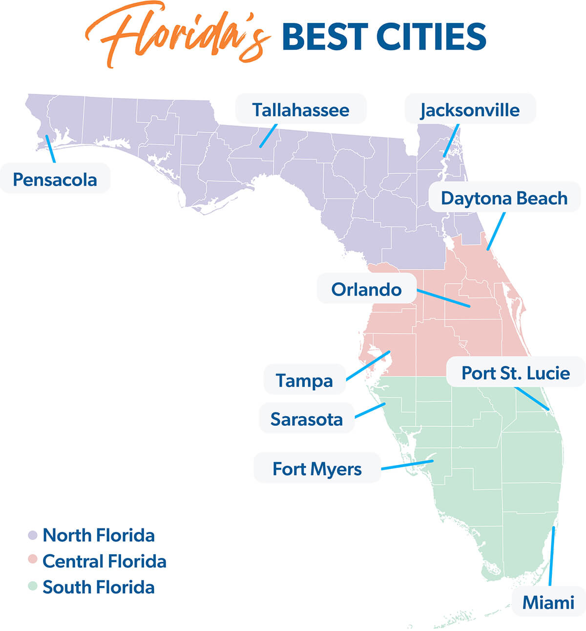 A map of Florida, highlighting the location of the cities featured in this article: Pensacola, Tallahassee, Jacksonville, Daytona Beach, Orlando, Tampa, Sarasota, Port St. Lucie, Fort Myers and Miami.