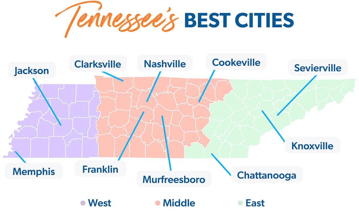 Map of Tennessee highlighting the cities of Memphis, Jackson, Clarksville, Franklin, Nashville, Murfreesboro, Cookeville, Chattanooga, Knoxville and Sevierville.