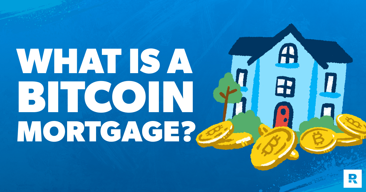 Illustration of a home and Bitcoin coins representing a Bitcoin mortgage, with the headline “What Is a Bitcoin Mortgage?”