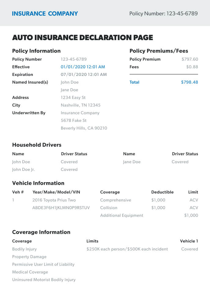 auto insurance declaration page example