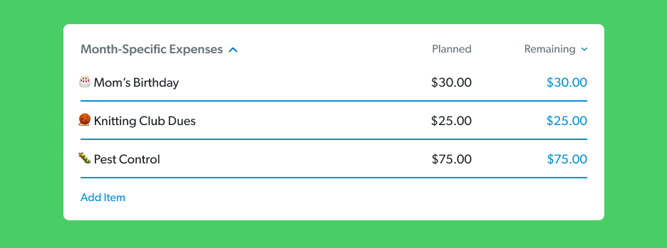 month-specific expenses