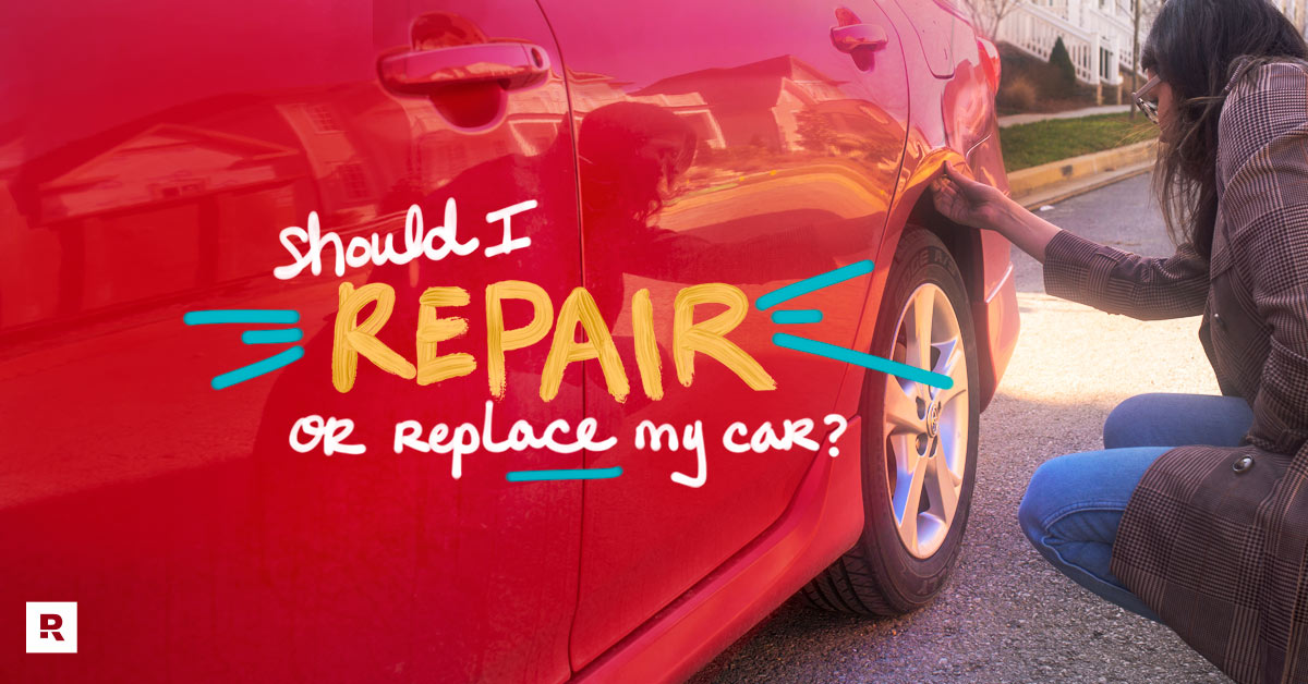 A woman looking at damage done to her car deciding whether she should repair or replace her car. 