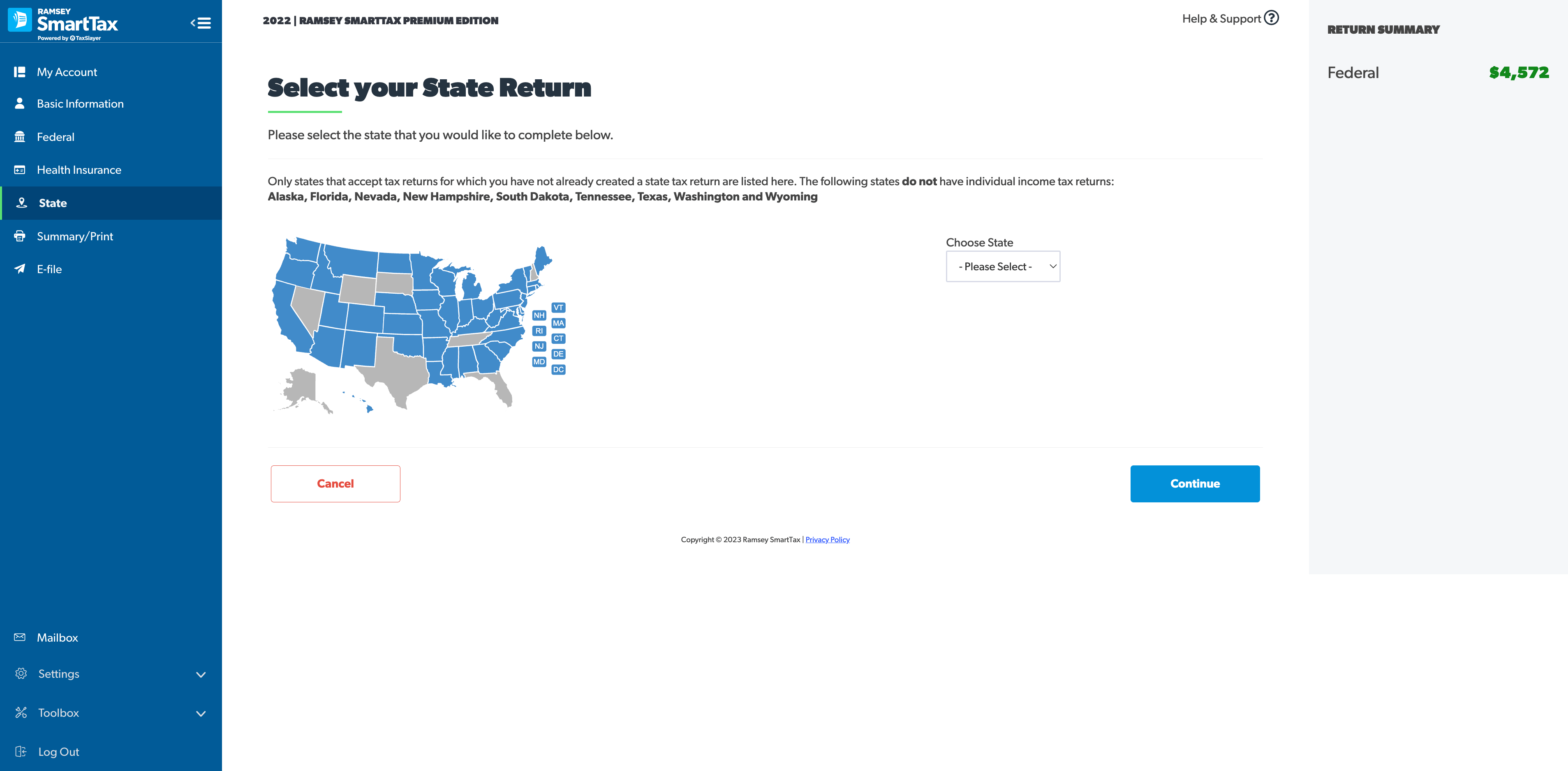 select your state return