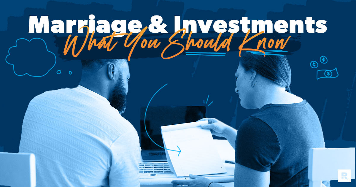 An engaged couple holding hands as they think about combining investments. 
