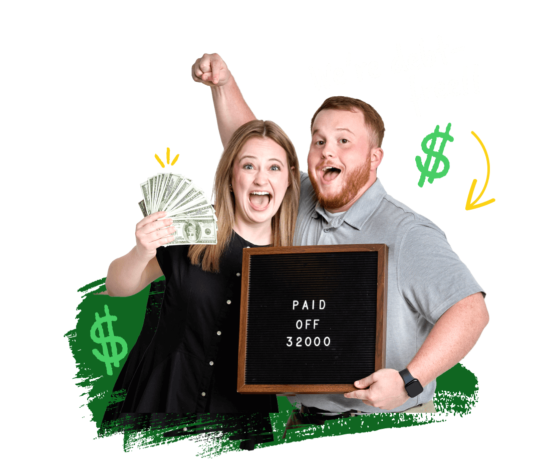 Excited couple holds “PAID OFF $32,000” sign and cash. Man cheers with raised fist. Text says “We’re debt free!!”
