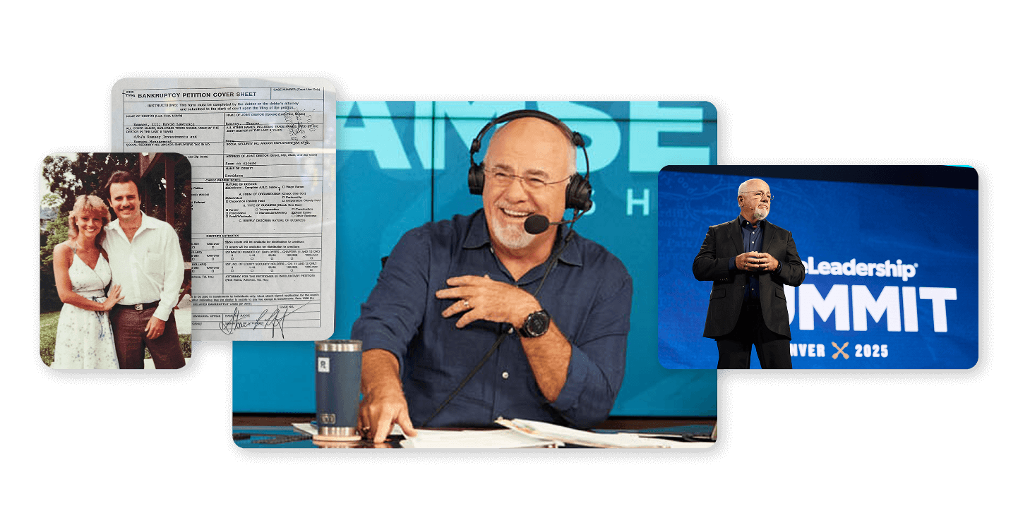 Collage of Dave Ramsey’s journey: young photo with his wife, bankruptcy form, radio show moment, and speaking at EntreLeadership Summit 2025.