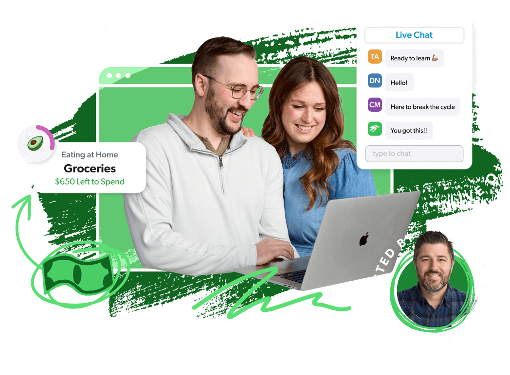 Two people join a free training with live chat and a Q&A featuring Rachel Cruze.