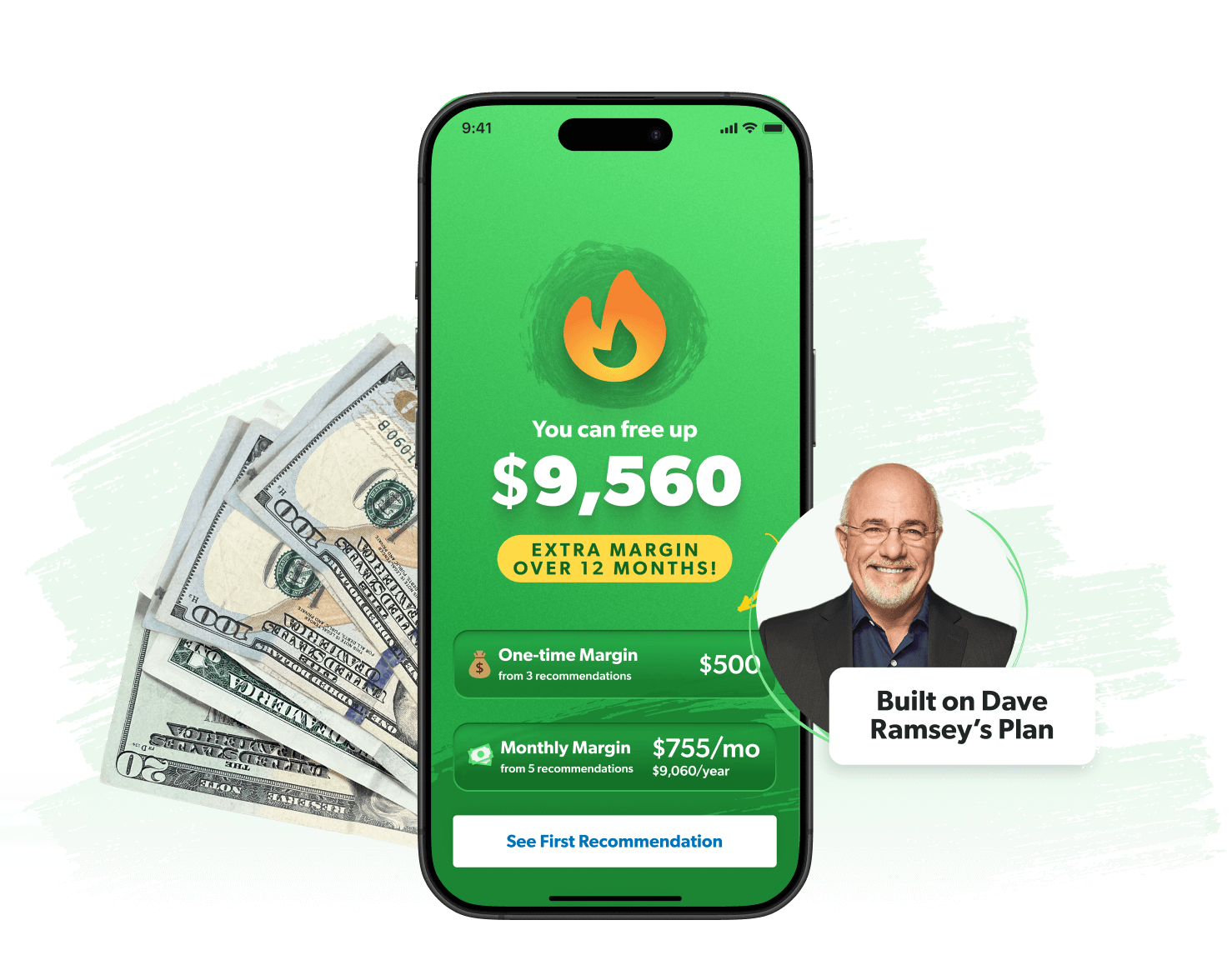 EveryDollar app on a phone showing the average margin people find in their budgets. $9,560.