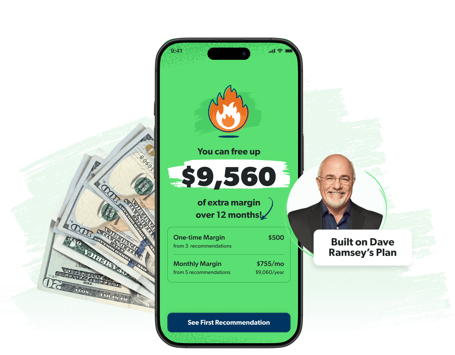 EveryDollar app on a phone showing the average margin people find in their budgets. $9,560.