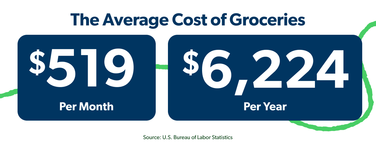 Image that shows the average monthly cost of groceries is 519 dollars