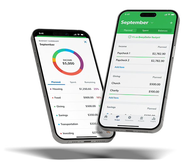 Smiling woman looking at her phone with a large EveryDollar app screen behind her showing “You can free up $3,015 of extra margin in 30 days.”