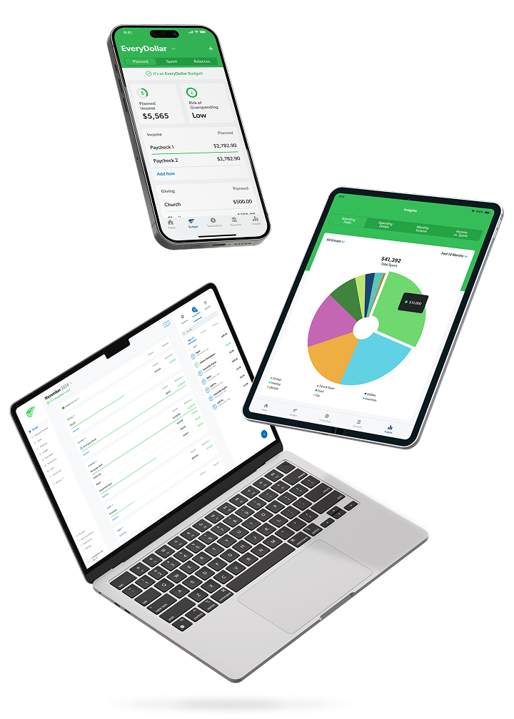 EveryDollar app screen shows $850 margin, progress on baby steps, debt payoff, tips, a Dave Ramsey video, and live support chat.