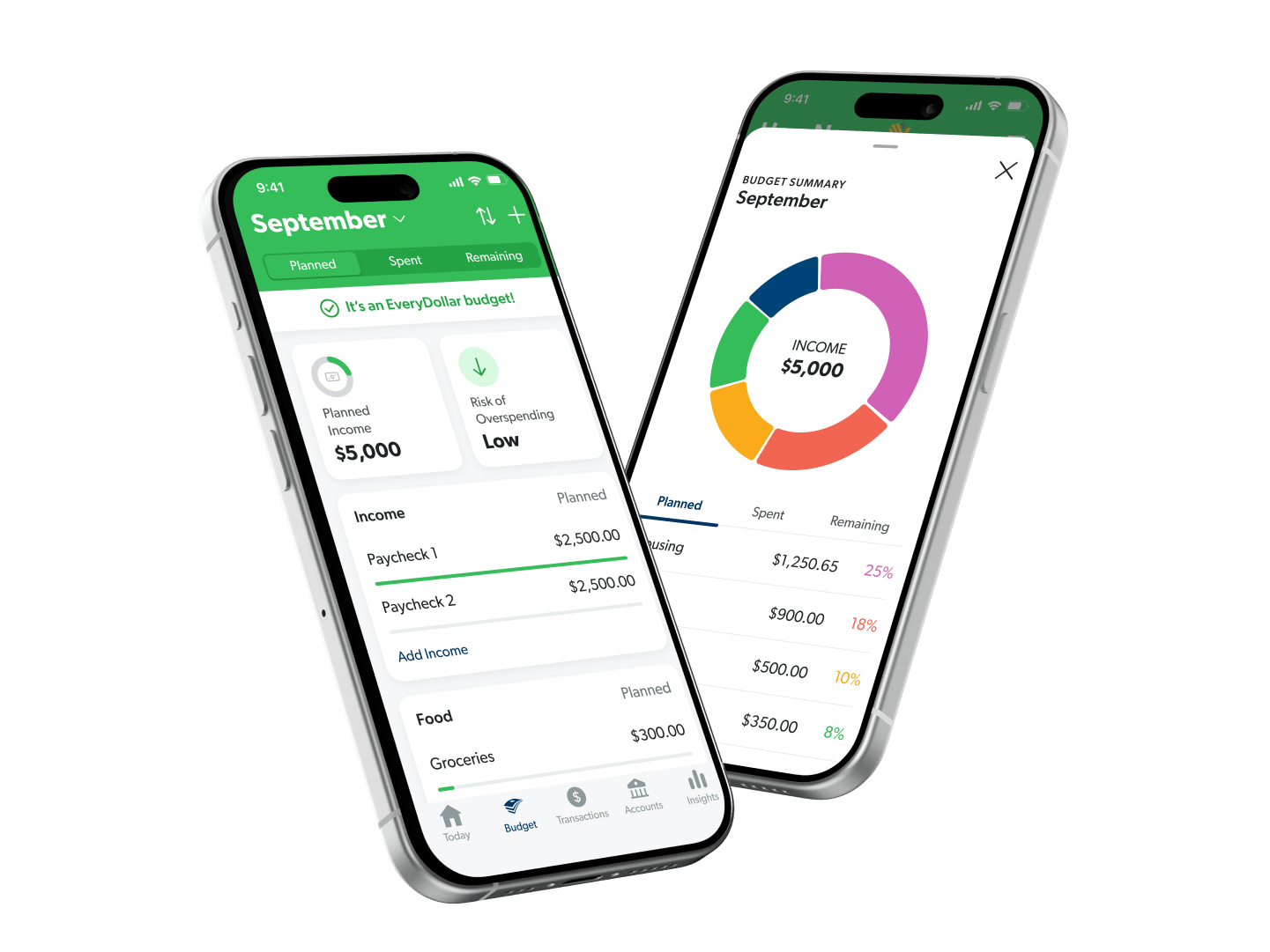 Smiling woman looking at her phone with a large EveryDollar app screen behind her showing “You can free up $3,015 of extra margin in 30 days.”