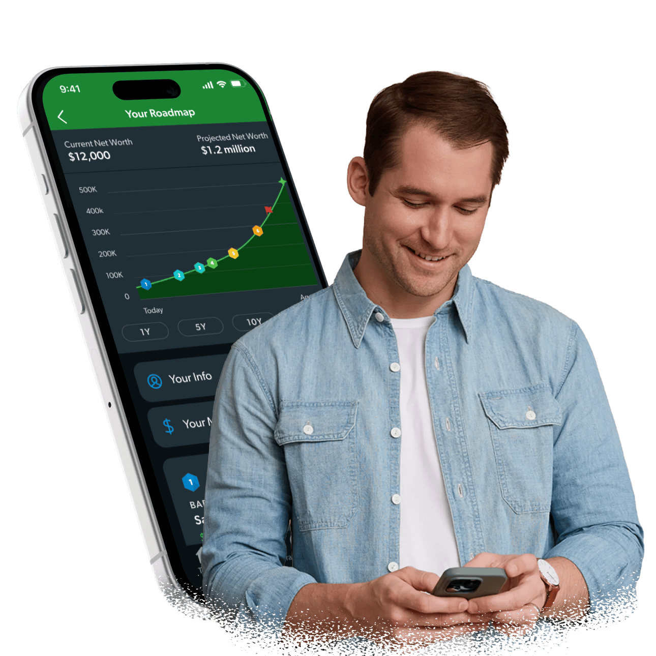 Smiling woman looking at her phone with a large EveryDollar app screen behind her showing “You can free up $3,015 of extra margin in 30 days.”
