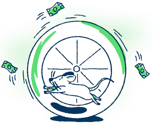 Gray hamster running in a wheel with dollar bills flying around.