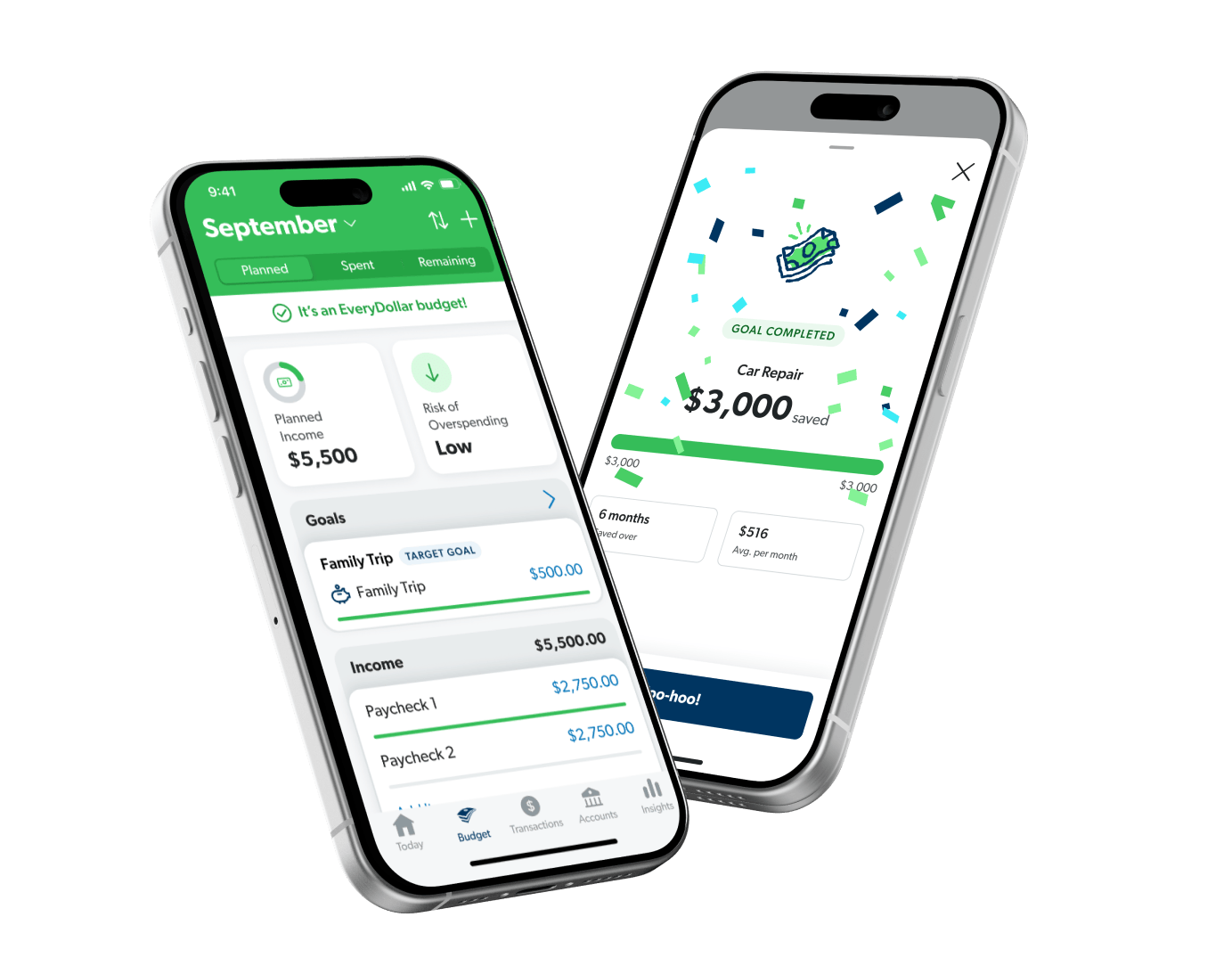 Smiling woman looking at her phone with a large EveryDollar app screen behind her showing “You can free up $3,015 of extra margin in 30 days.”