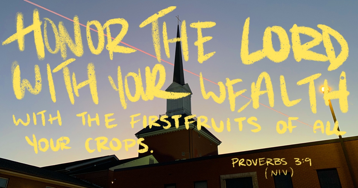 A church steeple against the sunset with the words, 