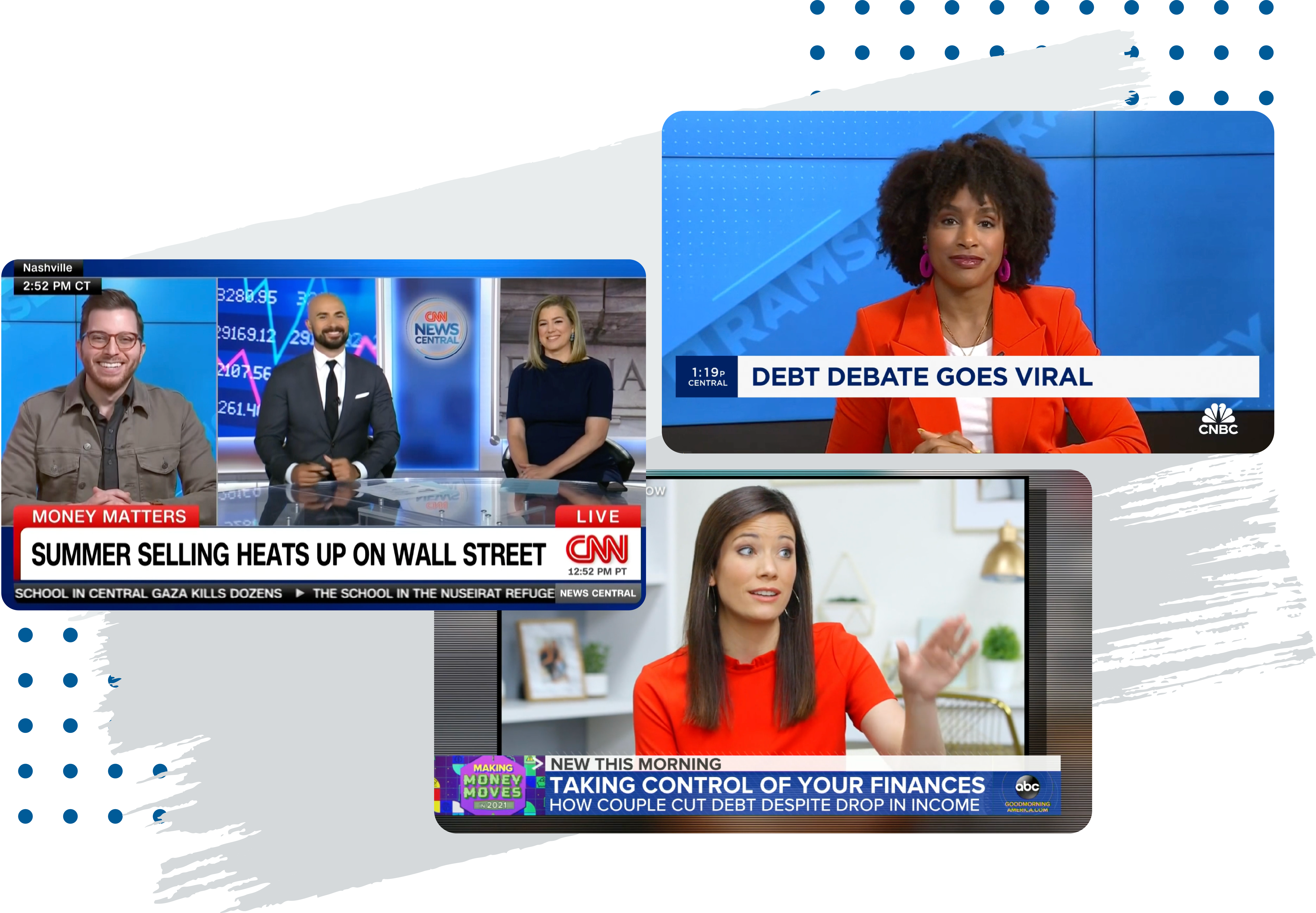 Collage of Ramsey Experts Jade Warsaw, George Kamel and Rachel Cruze reporting from ABC, CNN, and CNBC