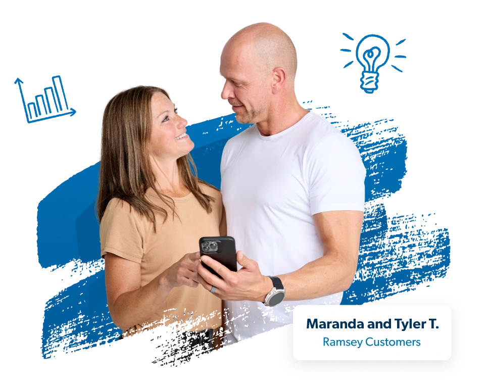 Photo of couple holding a phone. Text that says Maranda & Tyler T, Ramsey Customers.