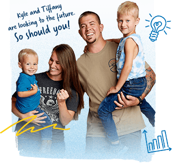 Photo of debt free couple and family. Text that says "Kyle and Tiffany are looking to the future. So should you!"