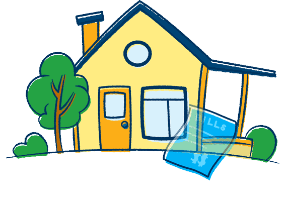 Illustration of House and a Mortgage Bill with a "Paid" Stamp on it