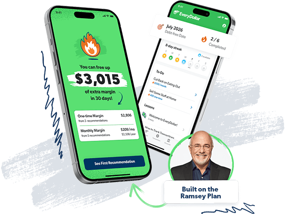 EveryDollar app on a phone "Built on the Ramsey Plan"