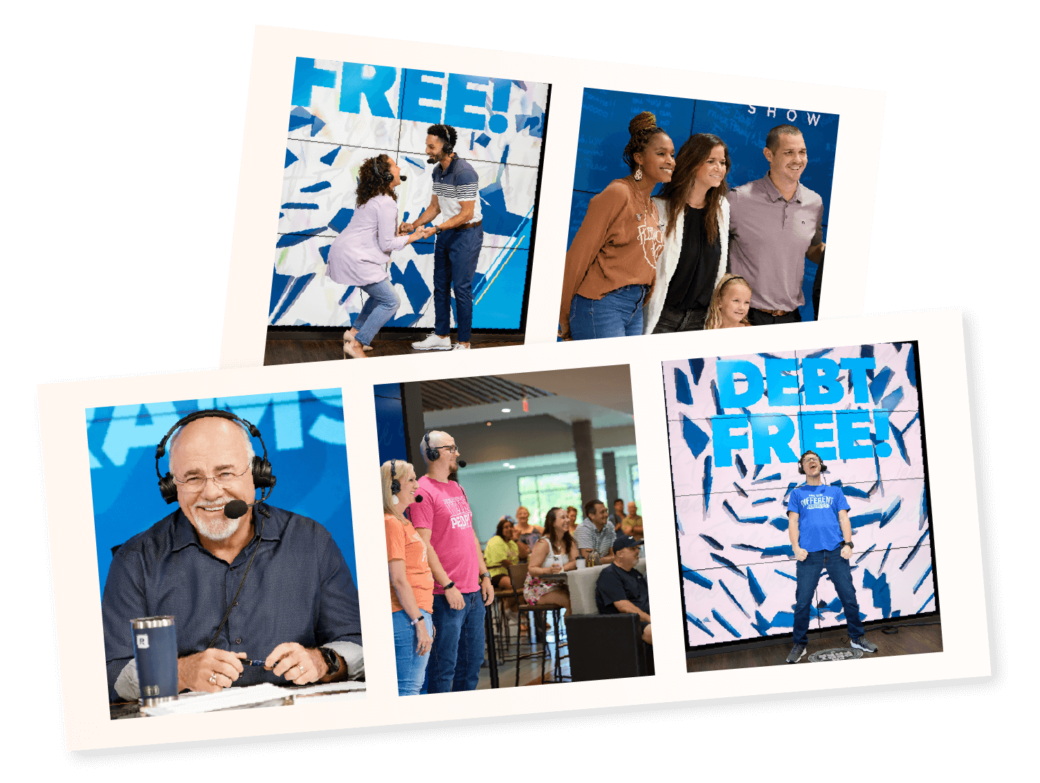 a photo strip showing photos of Ramsey Personalities and guests enjoying their time visiting the Ramsey Solutions lobby.