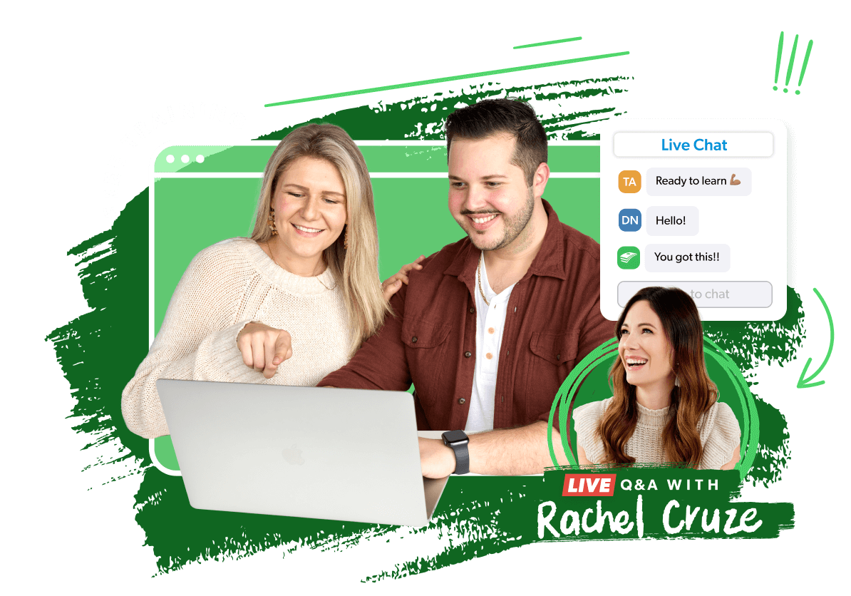 Two people join a free training with live chat and a Q&A featuring Rachel Cruze.