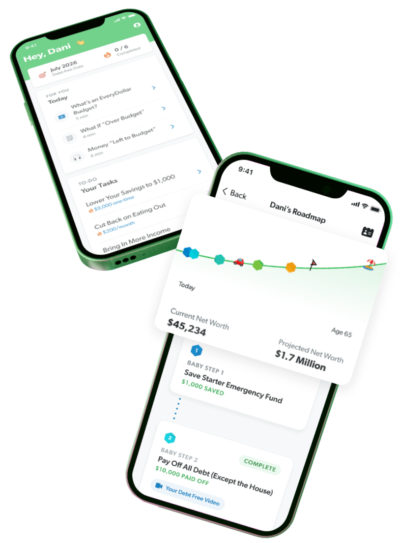 Phones showing screens of a projected financial plan.