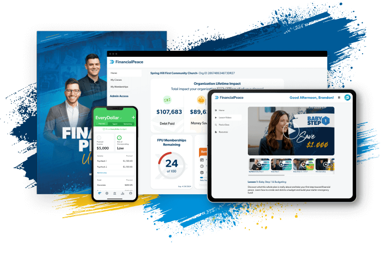 Bundle image of the FPU member workbook, FPU voucher, EveryDollar budgeting app, FPU member dashboard, and the Church Impact Dashboard