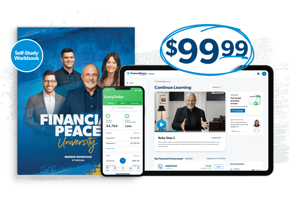 Get Financial Peace University for $99—includes a digital membership, three months of EveryDollar, and a Self-Study Workbook