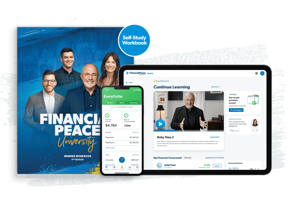 Financial Peace University Member Dashboard on an iPad next to an FPU Workbook and the EveryDollar app on a Mobile Phone