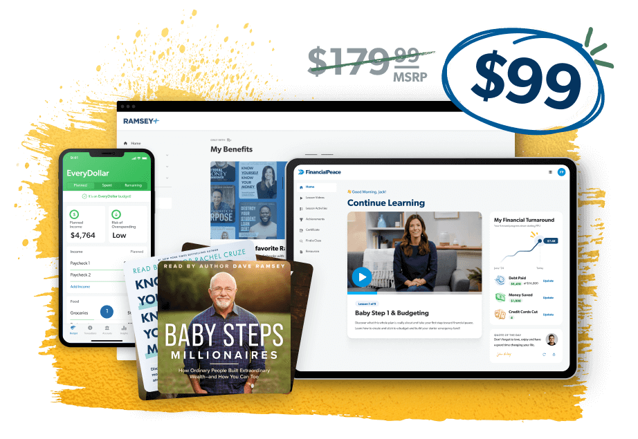 Get Financial Peace All Access for $129—includes everything from Financial Peace University plus one year of EveryDollar, additional courses, 20+ Ramsey audiobooks, and more