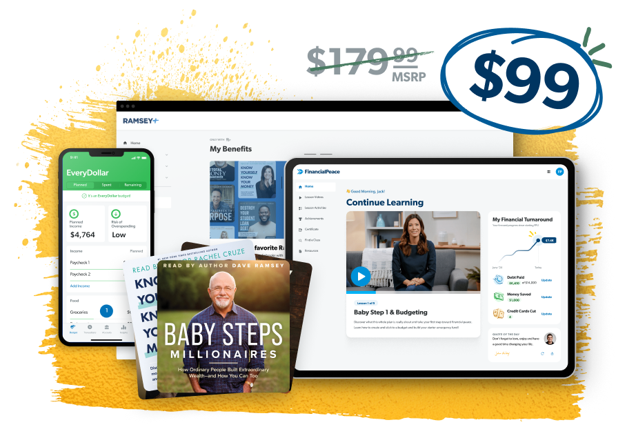 Get Financial Peace All Access for $129—includes everything from Financial Peace University plus one year of EveryDollar, additional courses, 20+ Ramsey audiobooks, and more