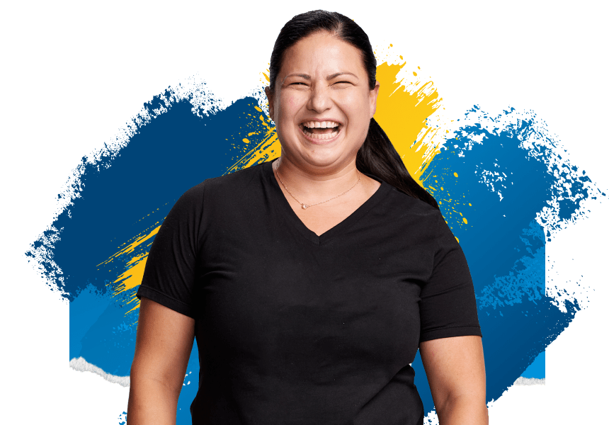 April S. Smiling with blue and yellow brushstrokes behind her