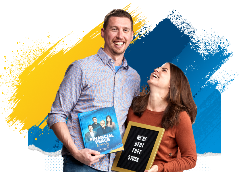 Val and Bryan T. smiling with blue and yellow brushstrokes behind them, while they hold FPU books