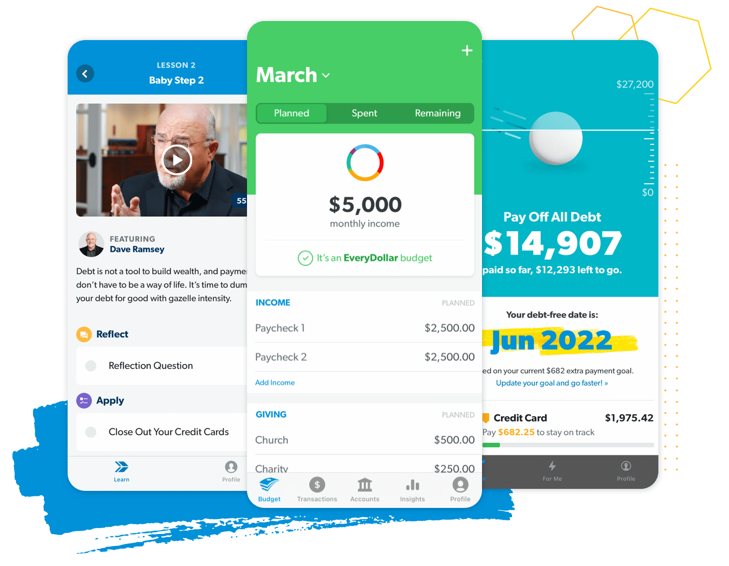 Three screen previews of Ramsey+ apps featuring video lessons, EveryDollar budgeting, and the debt snowball