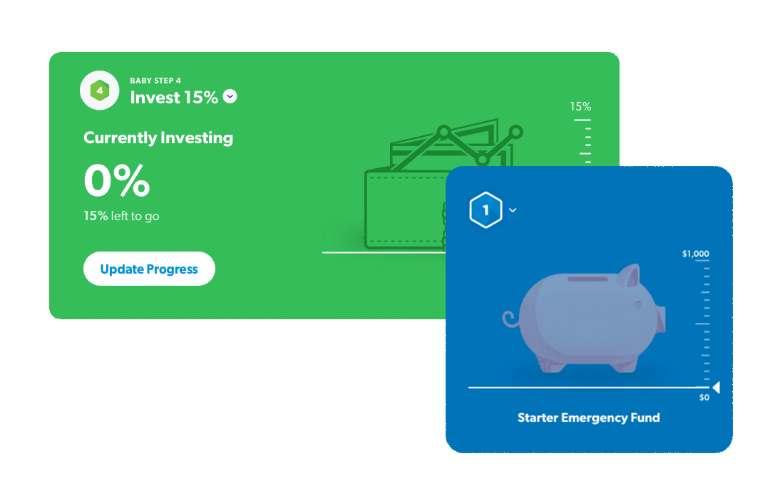 Baby Steps 1 and 4 showing savings and investments increase animations