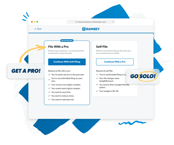 An example of the tax quiz showing the recommendation to file with a pro with an option to self-file instead.