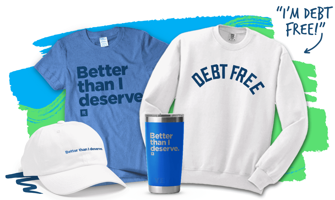 New Ramsey Merch: Blue T-Shirt "Better than I deserve", White Crewneck "Debt Free", White Dad Hat "Better than I deserve", Blue Yeti Tumbler "Better than I deserve"