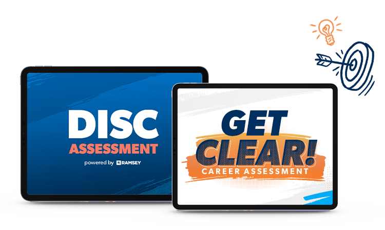 Image of the Get Clear Career Assessment - For Career Change and the DISC Assessment on tablets.