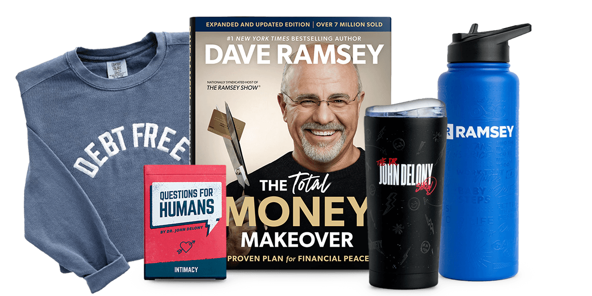 Image of The Toal Money Makeover book by Dave Ramsey, a crewneck sweatshirt that says "Debt Free, " and an assortment of other new products in the store.