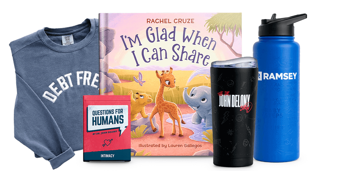 Image of Rachel Cruze's latest kids book, a crewneck sweatshirt that says "Debt Free, " and an assortment of other new products in the store.